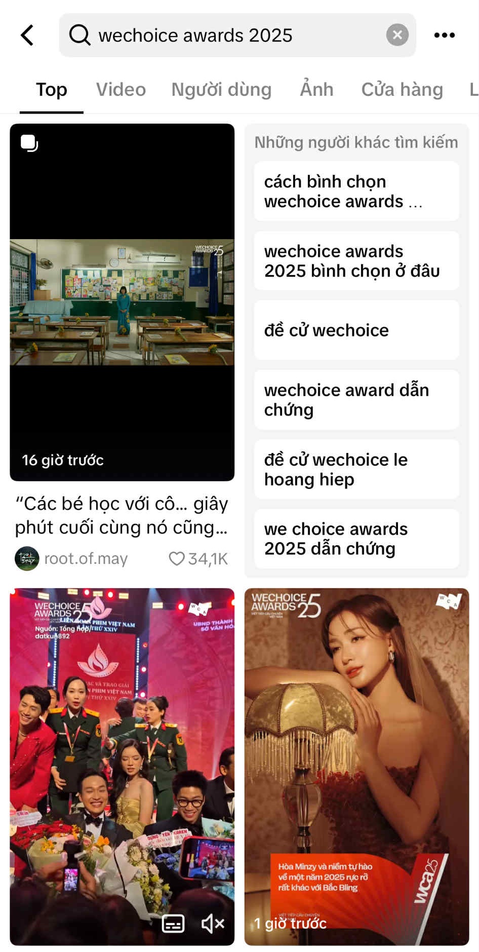 Các bài đăng và từ khóa tìm kiếm phổ biến liên quan đến WeChoice Awards 2025 trên TikTok (Ảnh chụp màn hình)