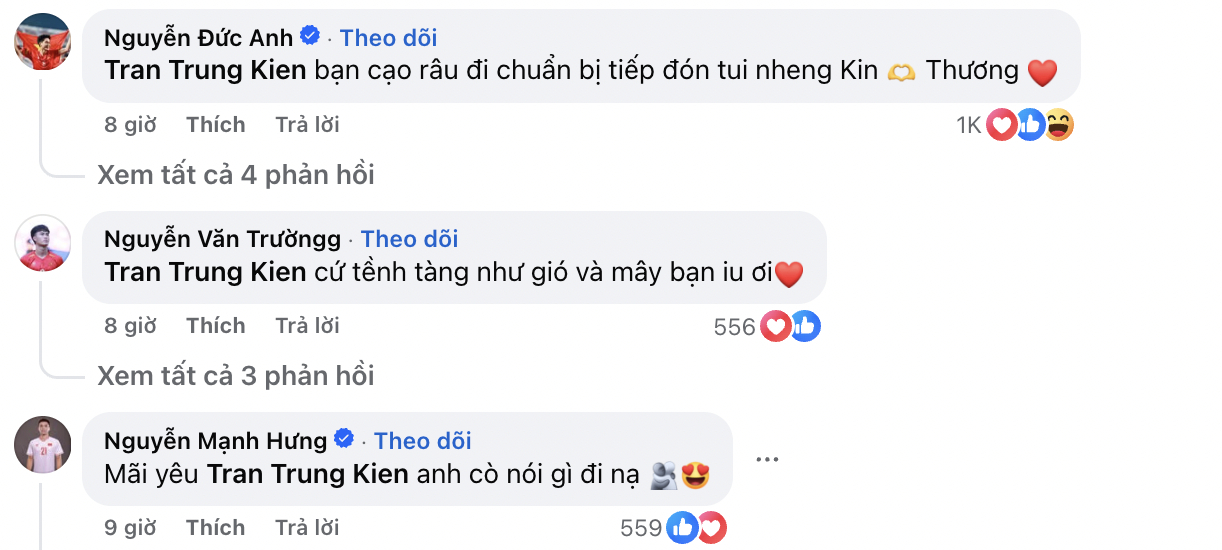 Các cầu thủ khác cũng để lại lời động viên đến Trung Kiên (Ảnh chụp màn hình)