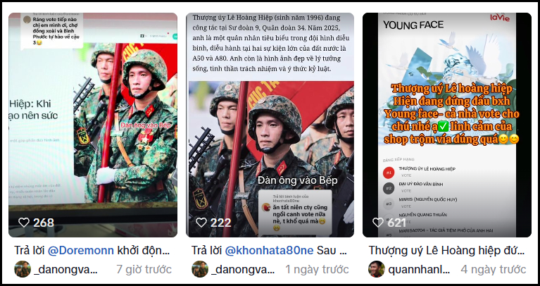 Thượng uý Lê Hoàng Hiệp được cộng đồng ủng hộ, liên tục gọi vote và cập nhật lượng vote