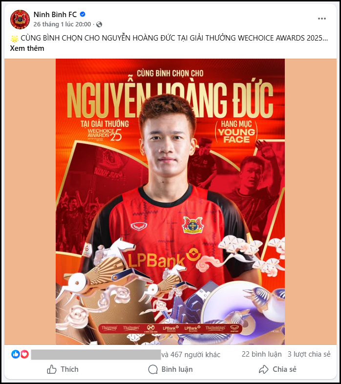 Trang Facebook chính thức của Ninh Bình FC kêu gọi bình chọn cho cầu thủ Nguyễn Hoàng Đức
