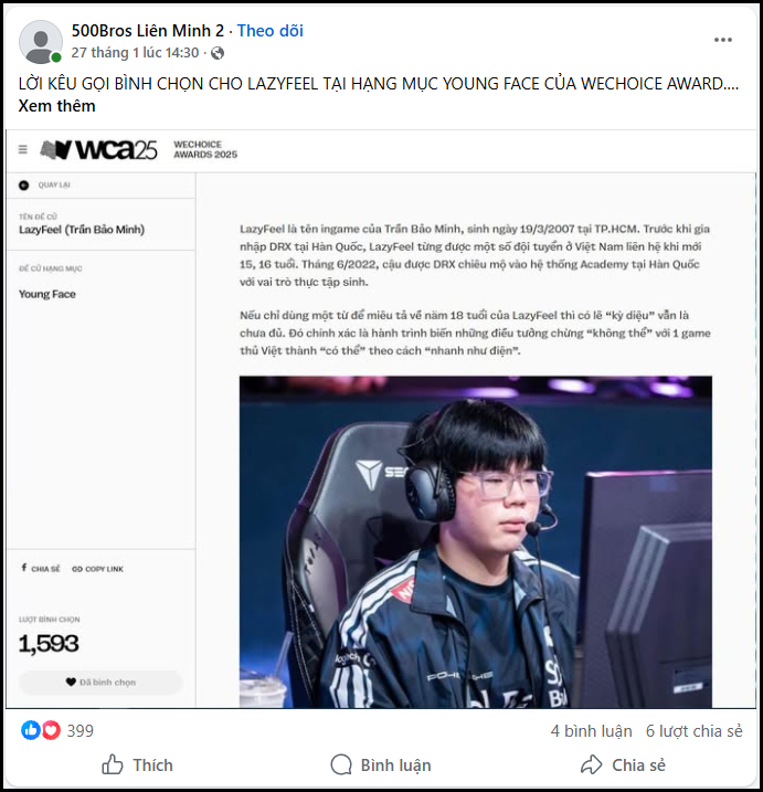 Cập nhật đường đua vote Đời sống Giới trẻ tại WeChoice Awards: Thượng uý Lê Hoàng Hiệp, Vũ trụ Hồng Thơ và CONGB tạm dẫn đầu!