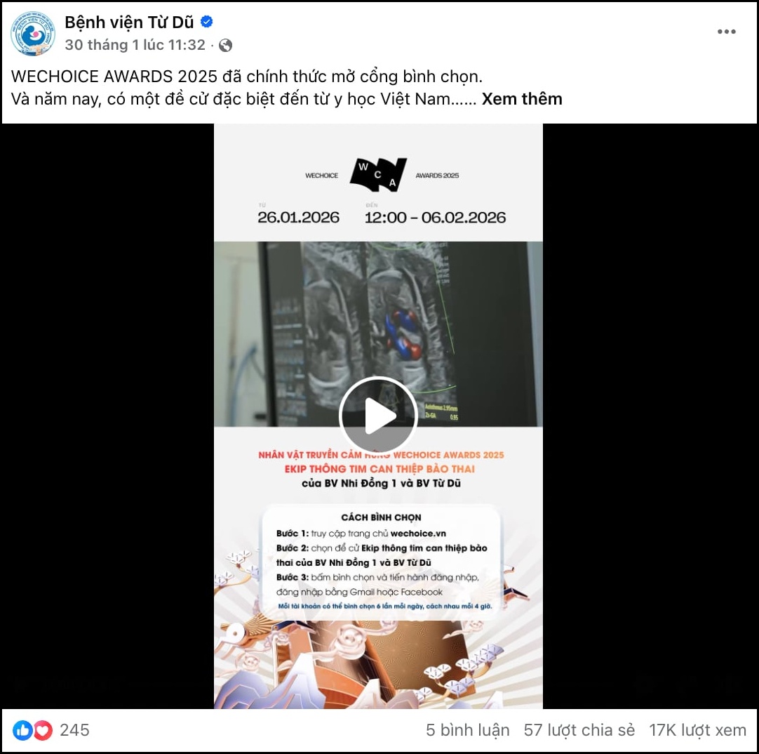 Bài đăng của Bệnh viện Từ Dũ có 17k lượt xem, được chia sẻ nhiệt tình (Ảnh chụp màn hình)
