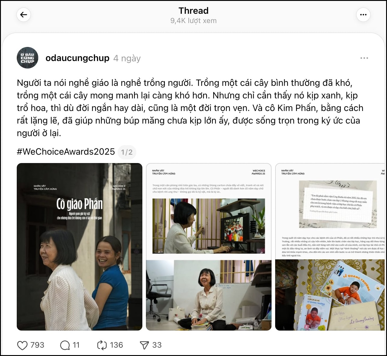 Một bài đăng trên Threads về câu chuyện của Cô giáo Đinh Thị Kim Phấn (Ảnh chụp màn hình)