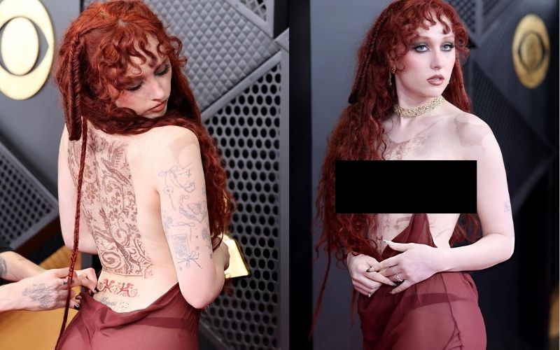Thiết kế này nhanh chóng gây sốc khi phô bày gần như toàn bộ phần thân trên và loạt hình xăm sau lưng của nữ ca sĩ (Ảnh: X)