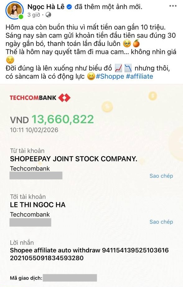 Bài đăng khoe tiền affiliate của vợ NSND Công Lý. (Ảnh chụp màn hình)