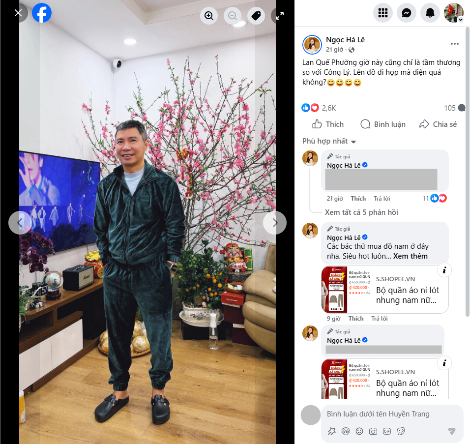 Khi đăng ảnh mới của Công Lý thì Ngọc Hà gắn link quần áo nỉ.