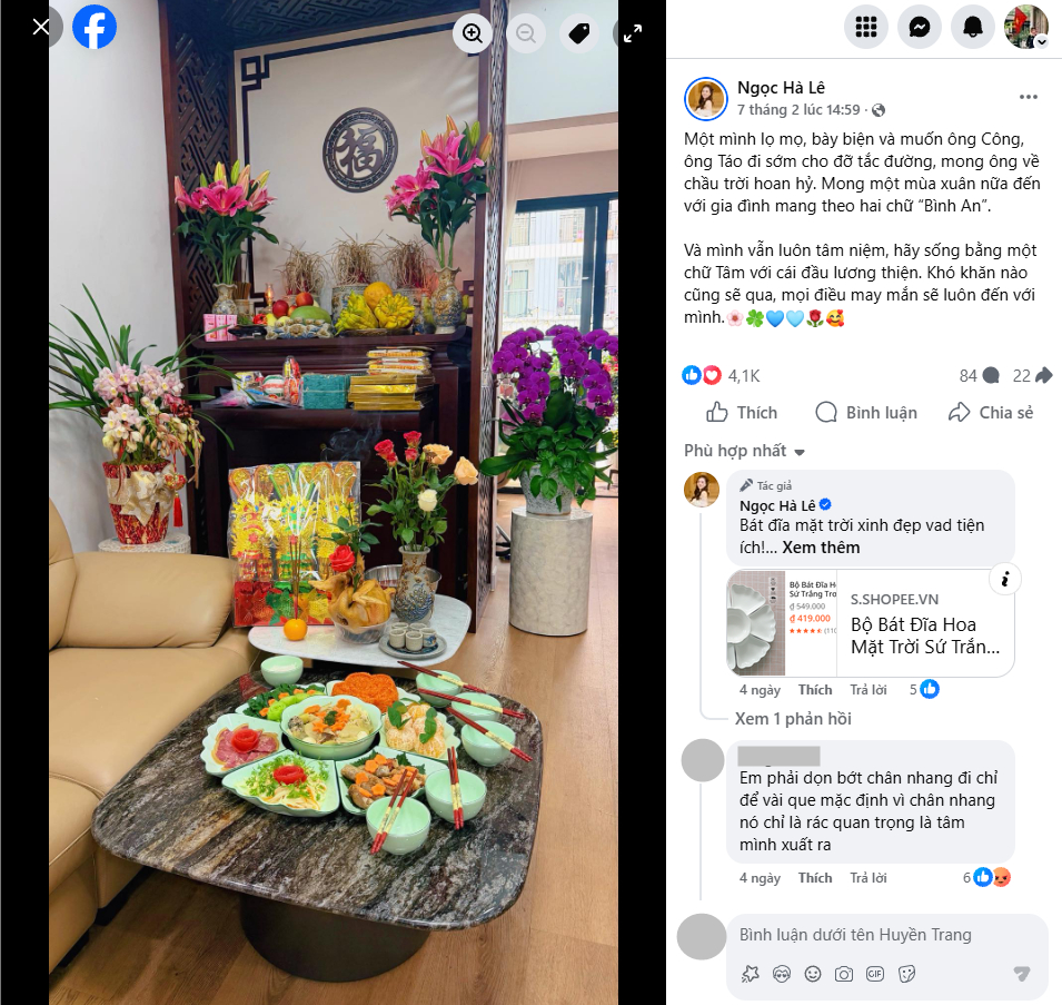 Khi chia sẻ mâm cỗ ông Công ông Táo thì Ngọc Hà gắn link bộ bát đĩa.