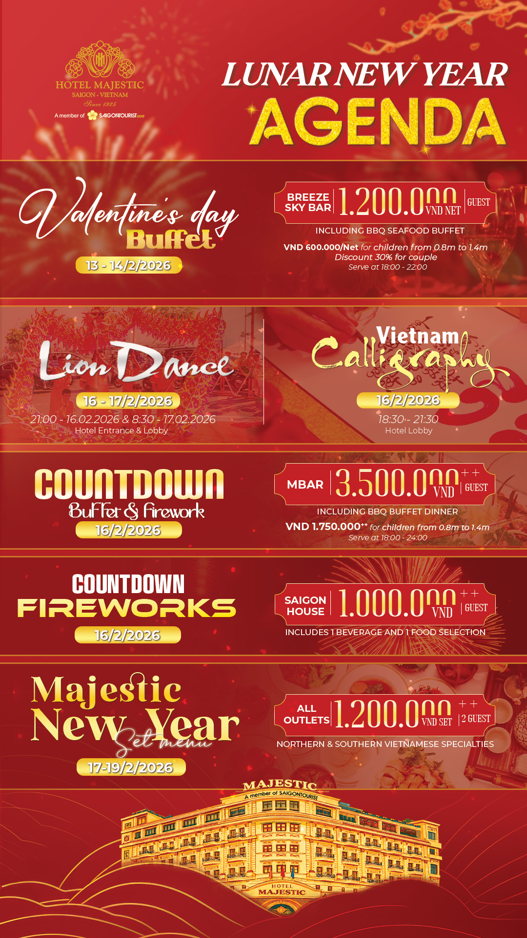 Các hàng quán tại Majestic Hotel có tổ chức những buổi countdown Tết Bính Ngọ