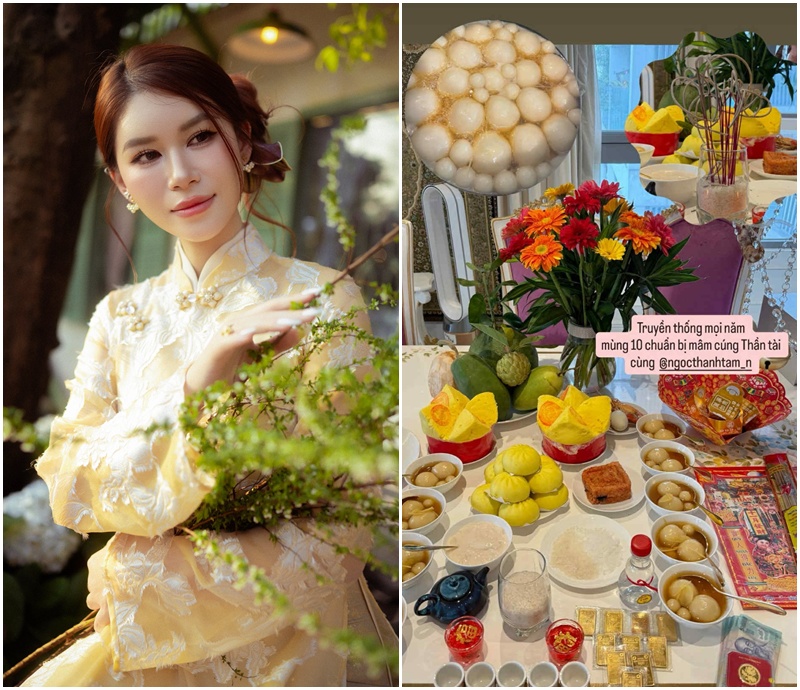 Ái nữ nhà đại gia thủy sản Ngọc Thanh Tâm dậy sớm, tự tay nấu chè và làm mâm cỗ cúng Thần Tài. Trên mâm cúng, cô đặt nhiều vàng và một tiền 500 nghìn xin vía. 