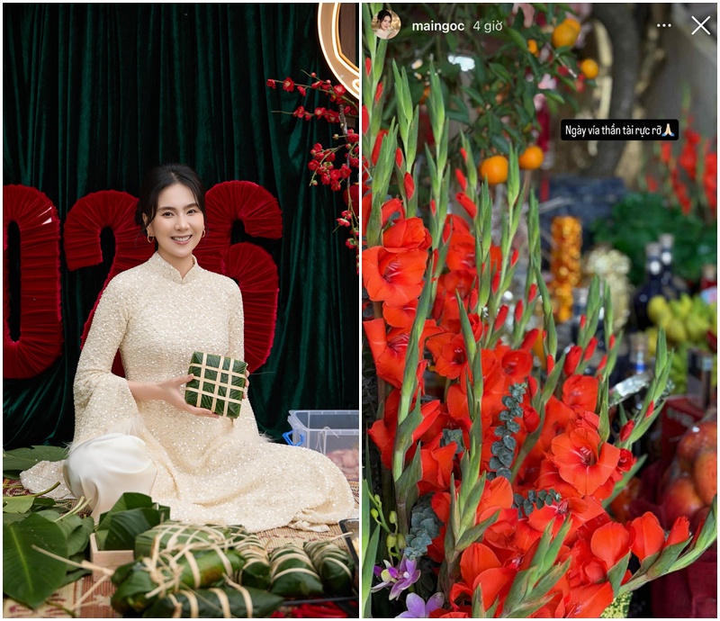 MC Mai Ngọc không tiết lộ số vàng đã mua nhưng khoe mâm cúng thần tài rực rỡ. 