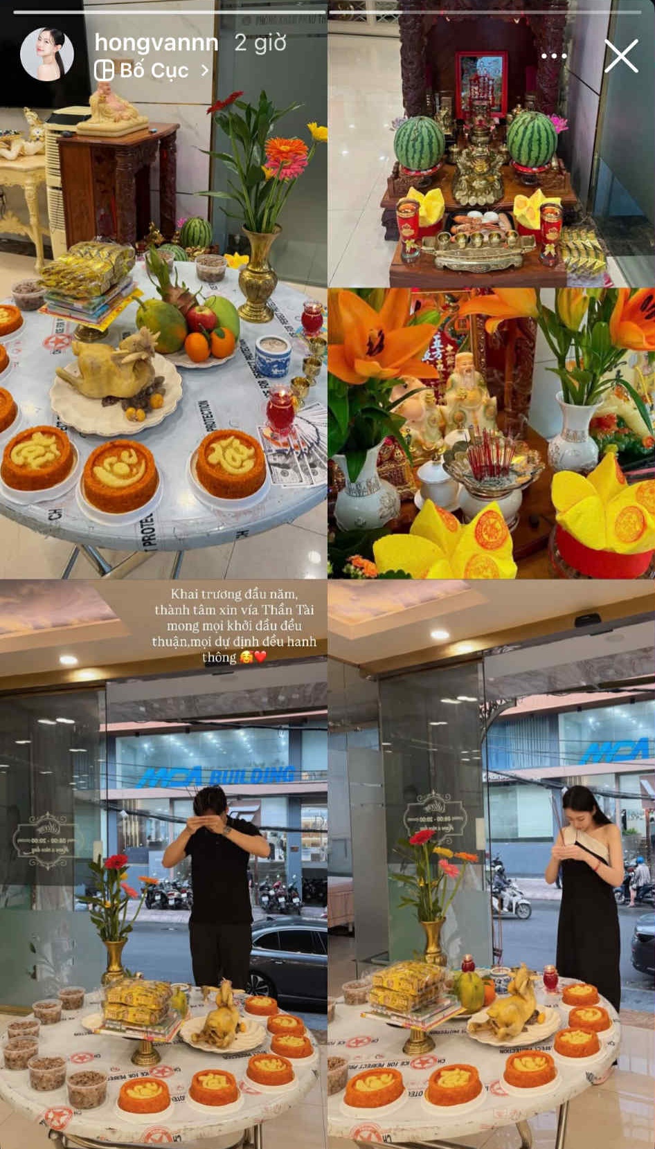 Vợ chồng cặp đôi bác sĩ Hồng Vân - Cao Vinh vừa khai trương lại thẩm mỹ viện vừa cúng Thần Tài.