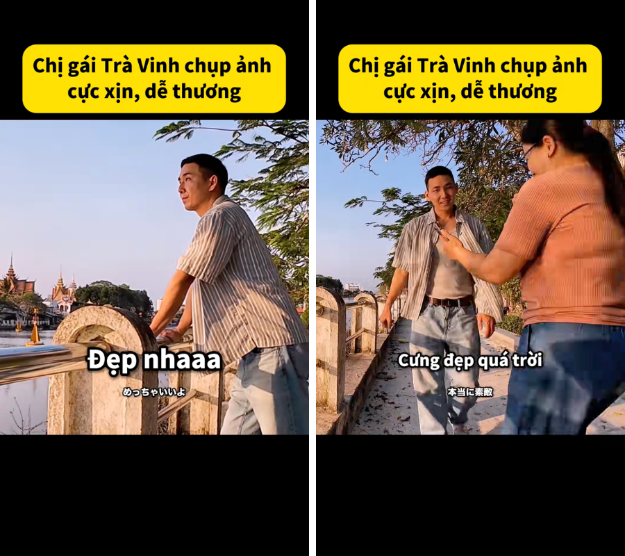 Chị chủ quán cà phê liên tục khen nam du khách đẹp và chỉ anh tạo dáng