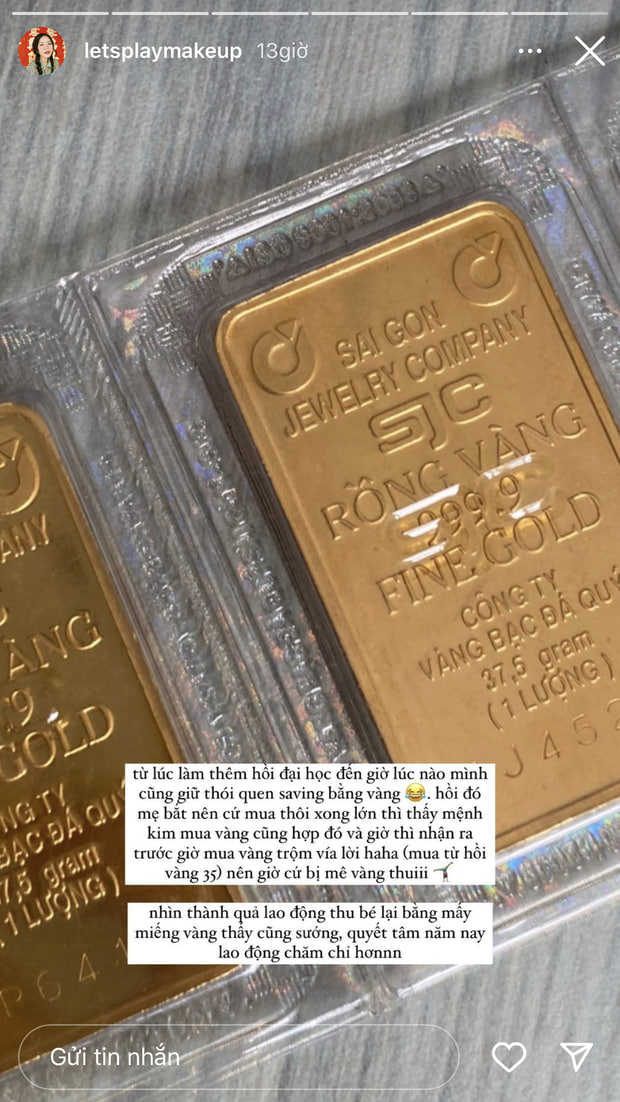 An Phương từng nhiều lần chia sẻ câu chuyện mua vàng để dành, mua cả cây cỡ này. 