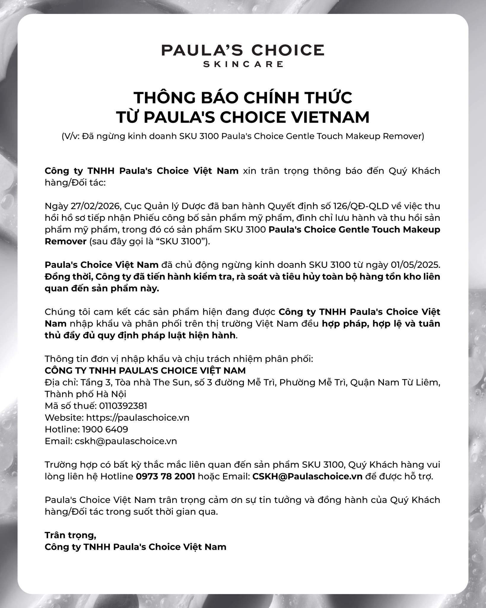 Thông báo chính thức từ phía Paula's Choice Việt Nam (Ảnh fanpage).