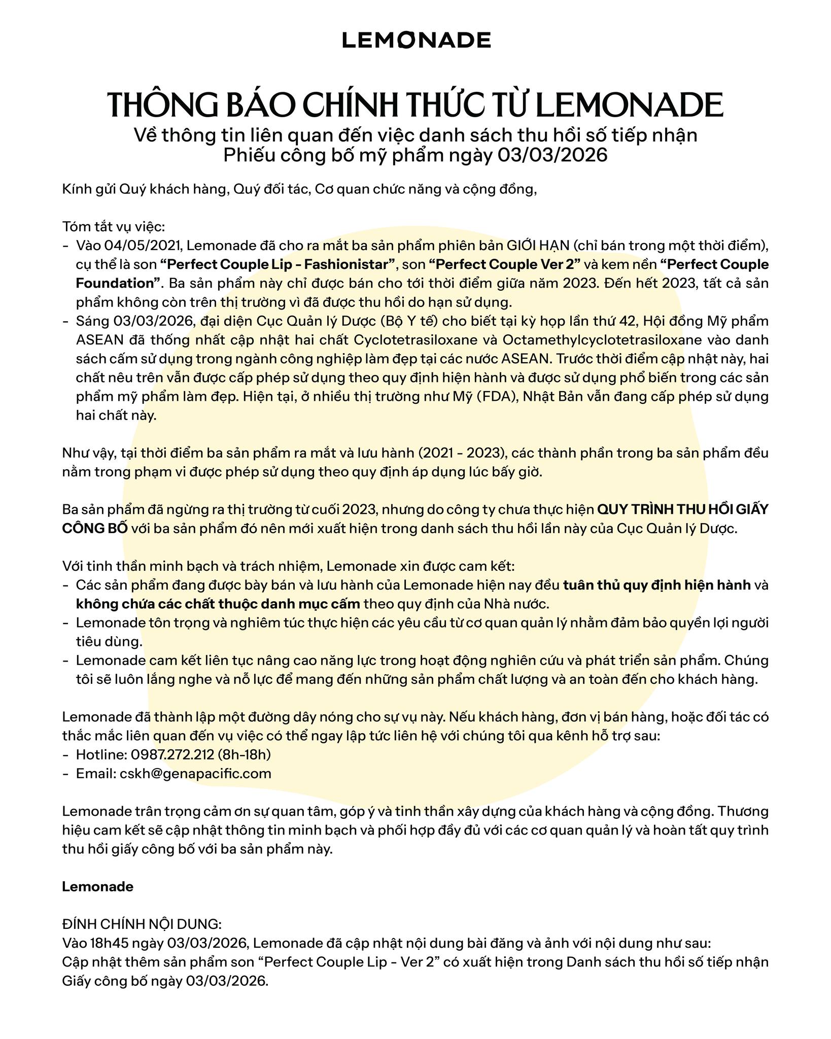 Thông báo chính thức từ phía Lemonade (Ảnh fanpage).