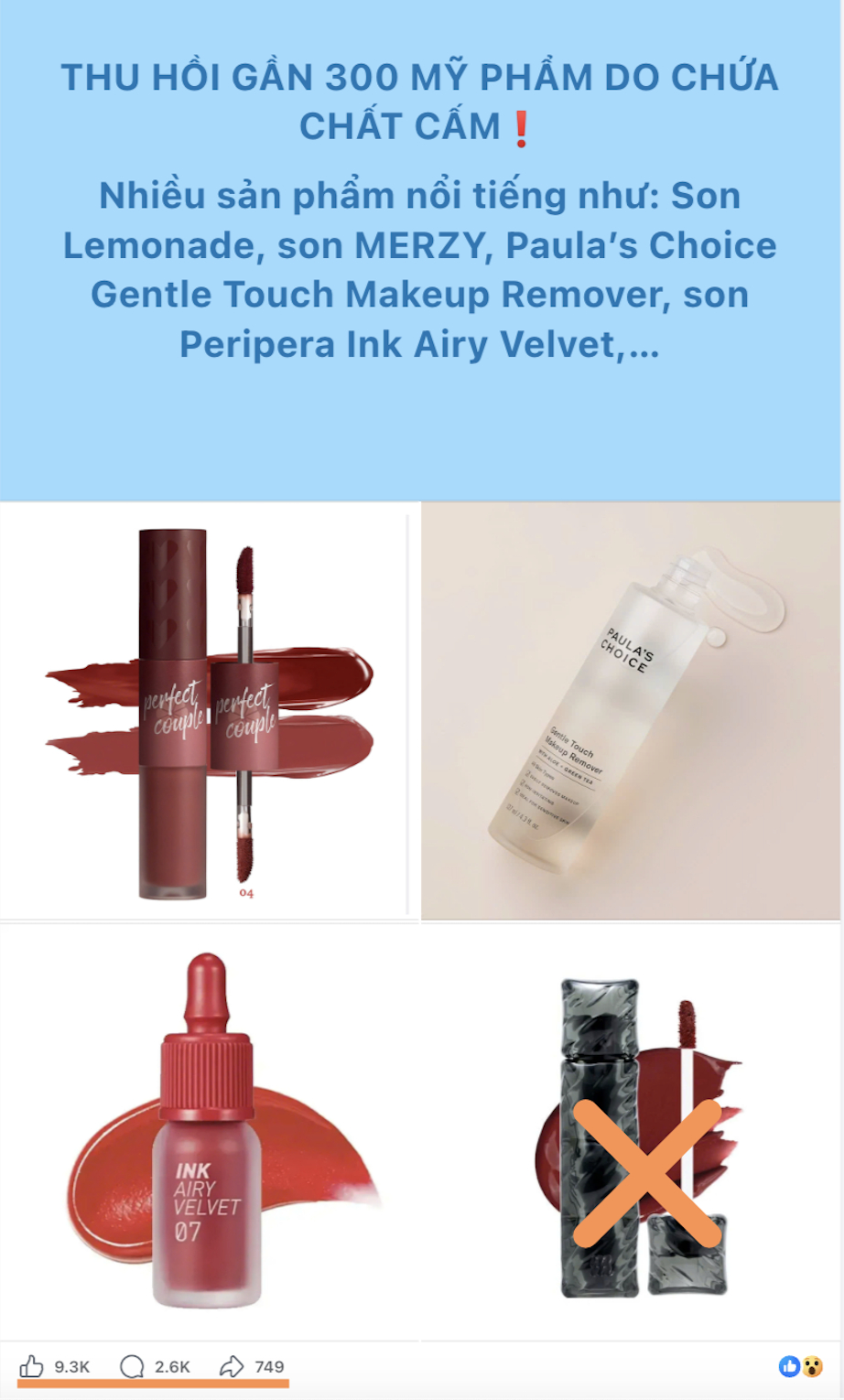 Một trong số các bài đăng có độ tương tác lớn trên MXH về việc thu hồi gần 300 loại mỹ phẩm đã sử dung sai dòng sản phẩm của Merzy (Ảnh chụp màn hình).