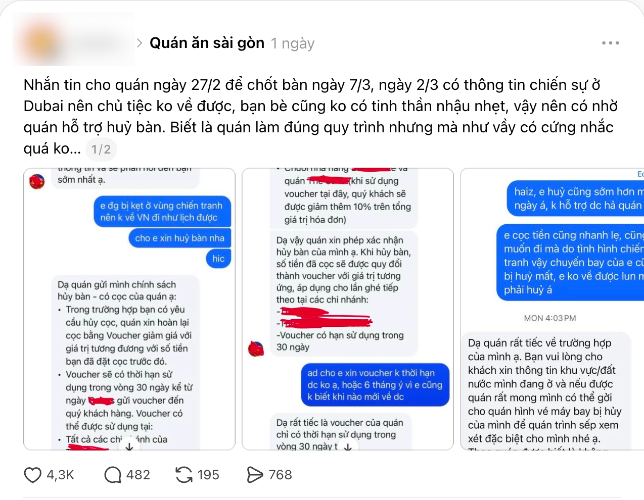 Bài viết chia sẻ của vị thực khách khi đặt bàn tại quán ăn nổi tiếng ở TP.HCM. (Ảnh chụp màn hình)