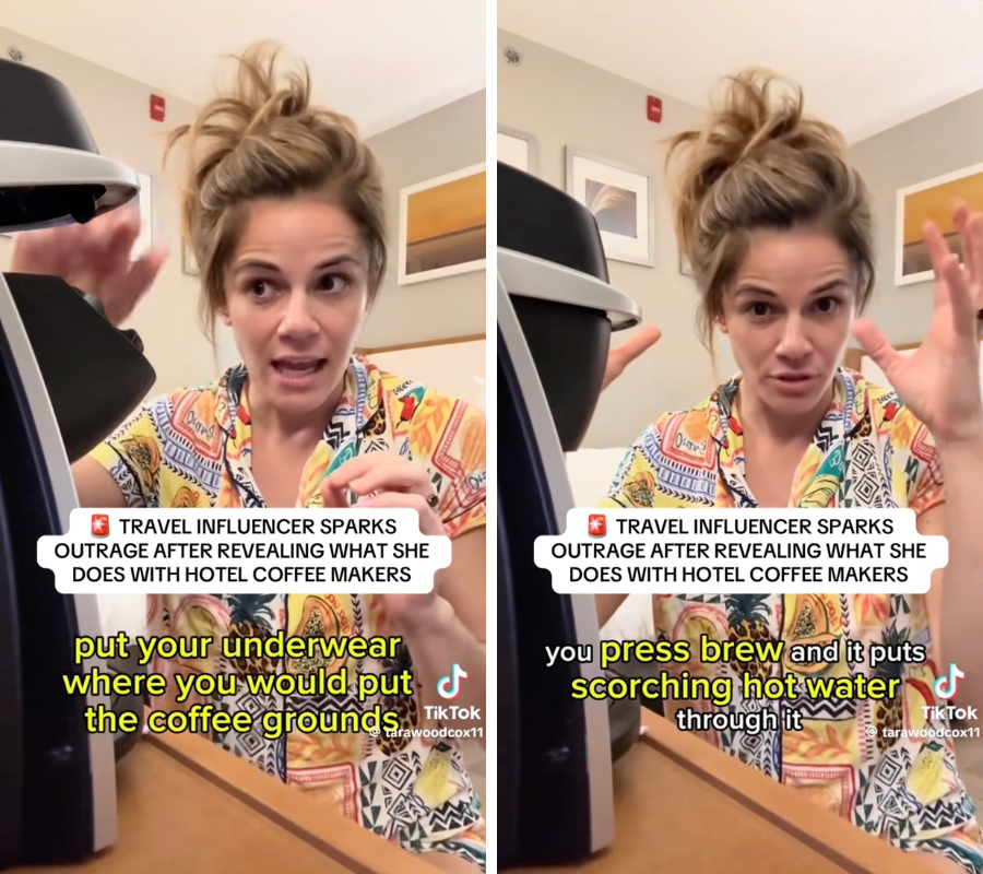 Nữ du khách chia sẻ cách bản thân để đồ lót vào bên trong máy pha cà phê