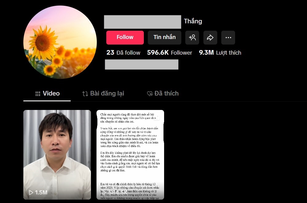 Thắng Không Kịp liên tục khóa, ẩn TikTok rồi mở lại. Hiện tại, anh chỉ công khai hai bài đăng xin lỗi. Ảnh chụp màn hình. 