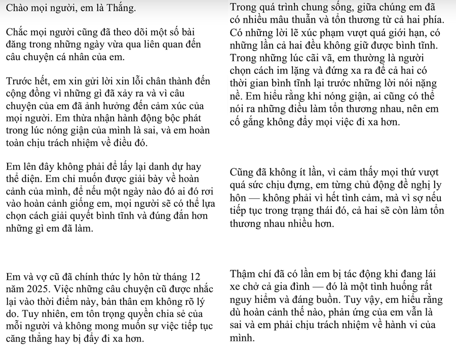 Một phần bài đăng xin lỗi của Thắng Không Kịp hôm 24/2 vừa qua. Ảnh chụp màn hình.