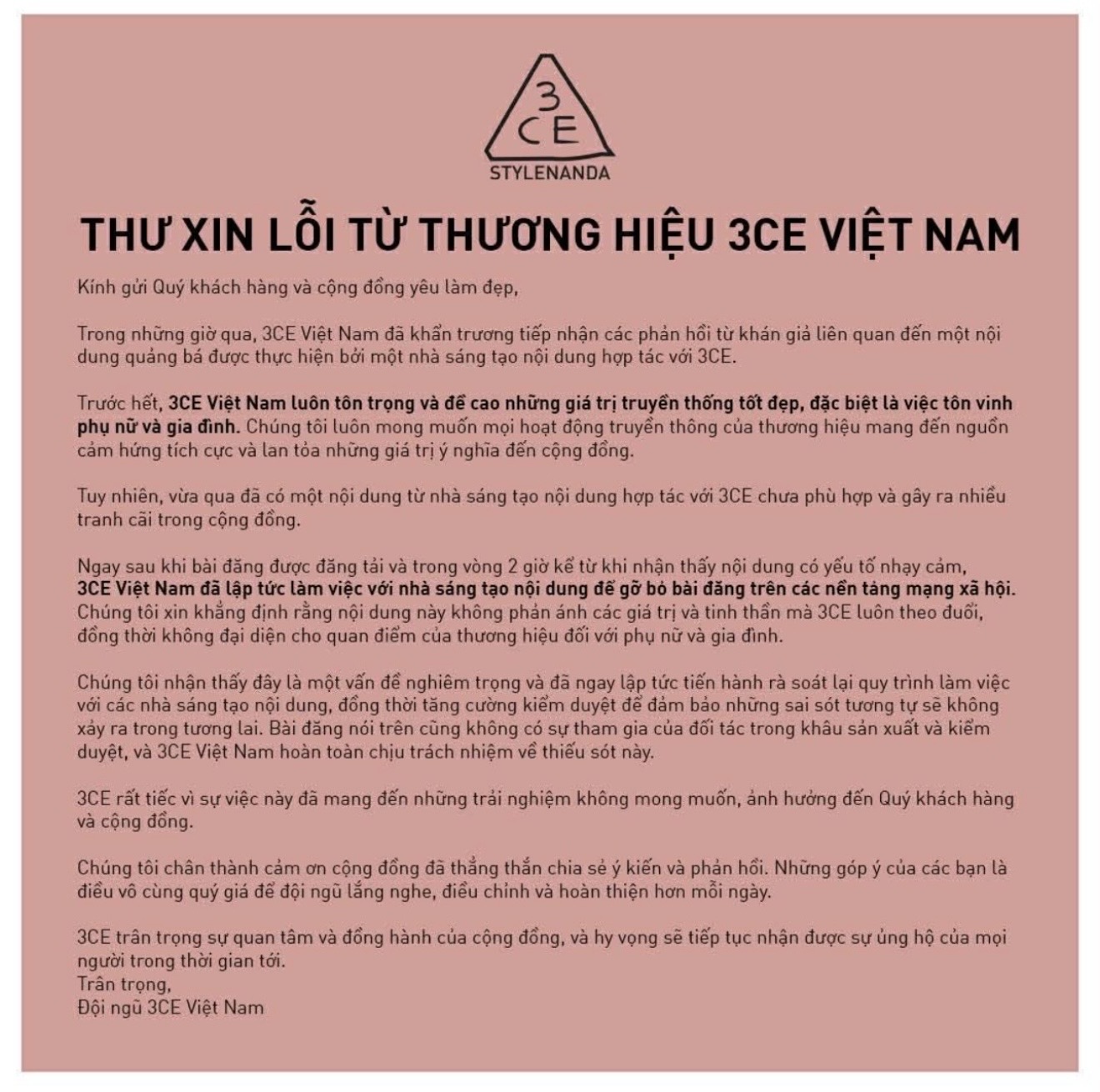 Thư xin lỗi từ 3CE Việt Nam (Ảnh 3CE VIETNAM).