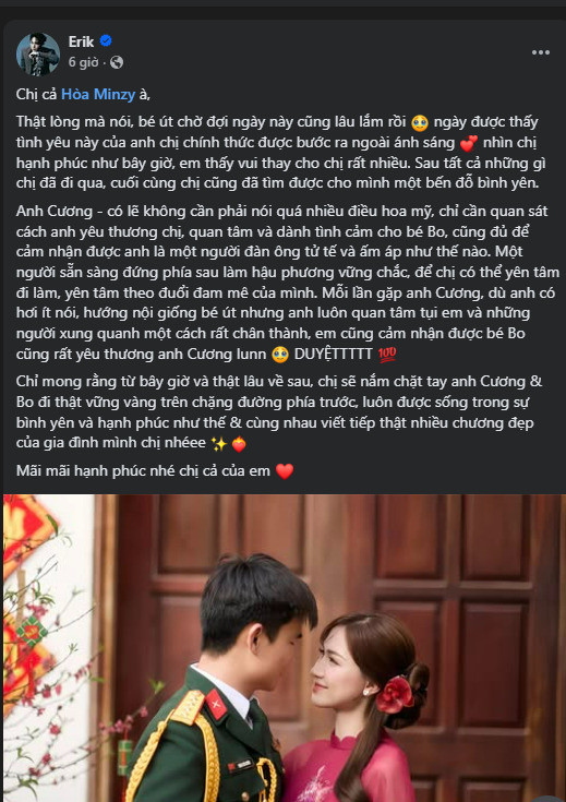   Erik viết bài đăng dài nhắn gửi tới người chị thân thiết Hòa Minzy trên trang cá nhân. Ảnh: FBNV  