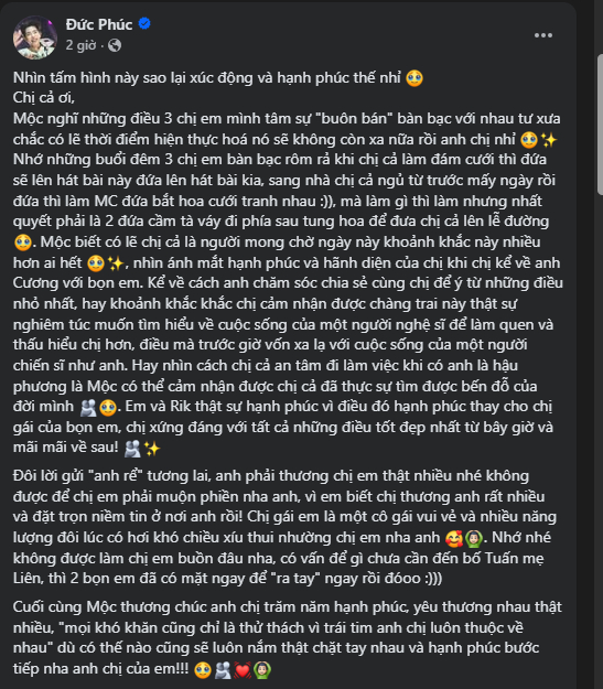   Đức Phúc cho biết xúc động khi nhìn thấy Hòa Minzy hạnh phúc bên ông xã Thăng Cương. Ảnh: FBNV  