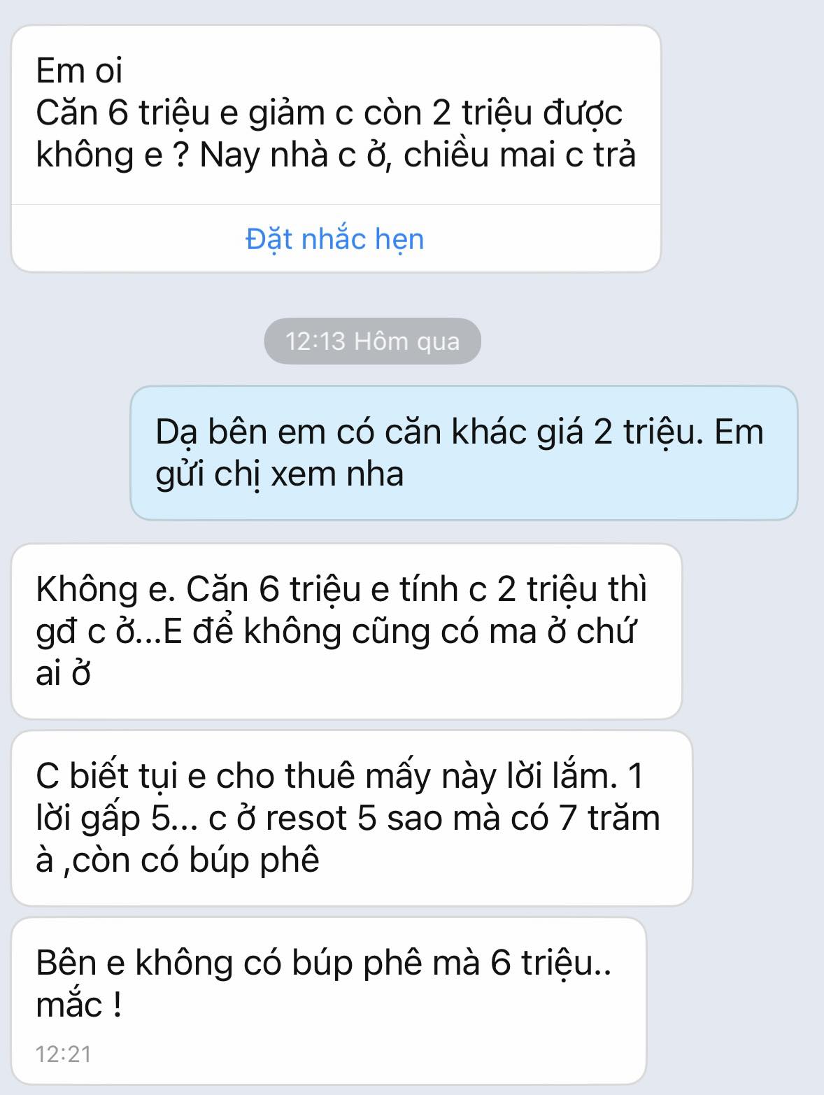 Vị khách này muốn thuê villa 6 triệu với mức giá 2 triệu. Ảnh: NVCC