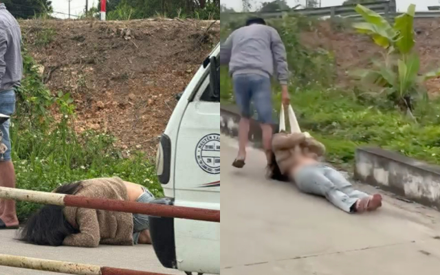 Hình ảnh cô gái bị kéo lê trên đường được chia sẻ lên mạng xã hội gây xôn xao (ảnh cắt từ clip)