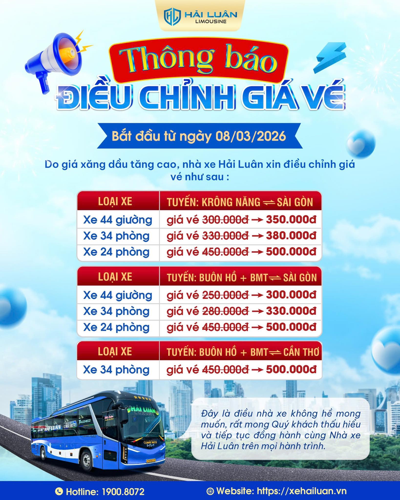 Nhà xe Hải Luân thông báo điều chỉnh giá vé