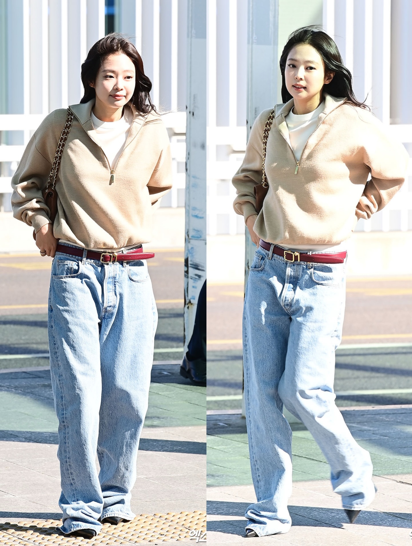 Cách mix đồ layer gọn gàng và mẹo mặc jeans trùm giày giúp đôi chân của Jennie trông còn như dài hơn. (Ảnh: Instagram)