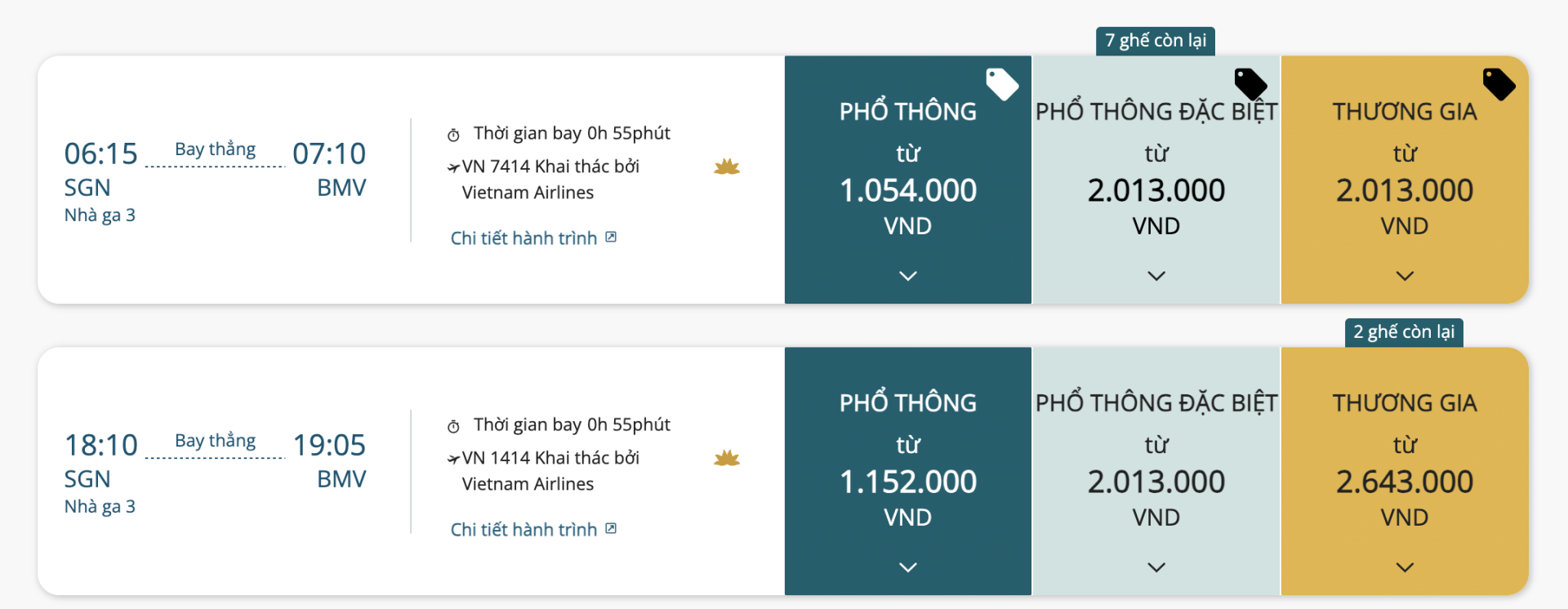 Thời gian bay hiển thị trên Vietjet và Vietnam Airlines. (Ảnh chụp màn hình)