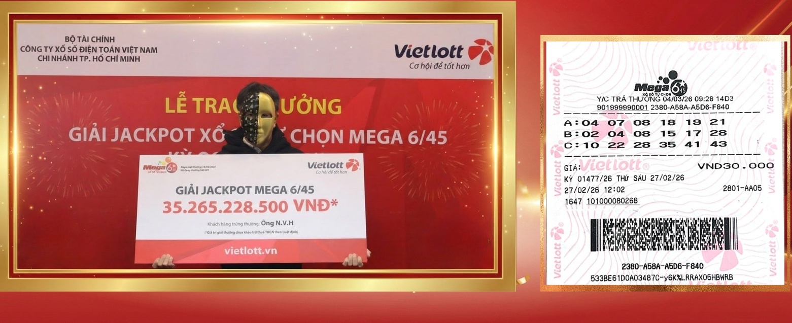 Ông N.V.H - người chơi may mắn đến từ TP. Hồ Chí Minh đã trúng giải Jackpot xổ số tự chọn Mega 6/45. Ảnh: Vietlott