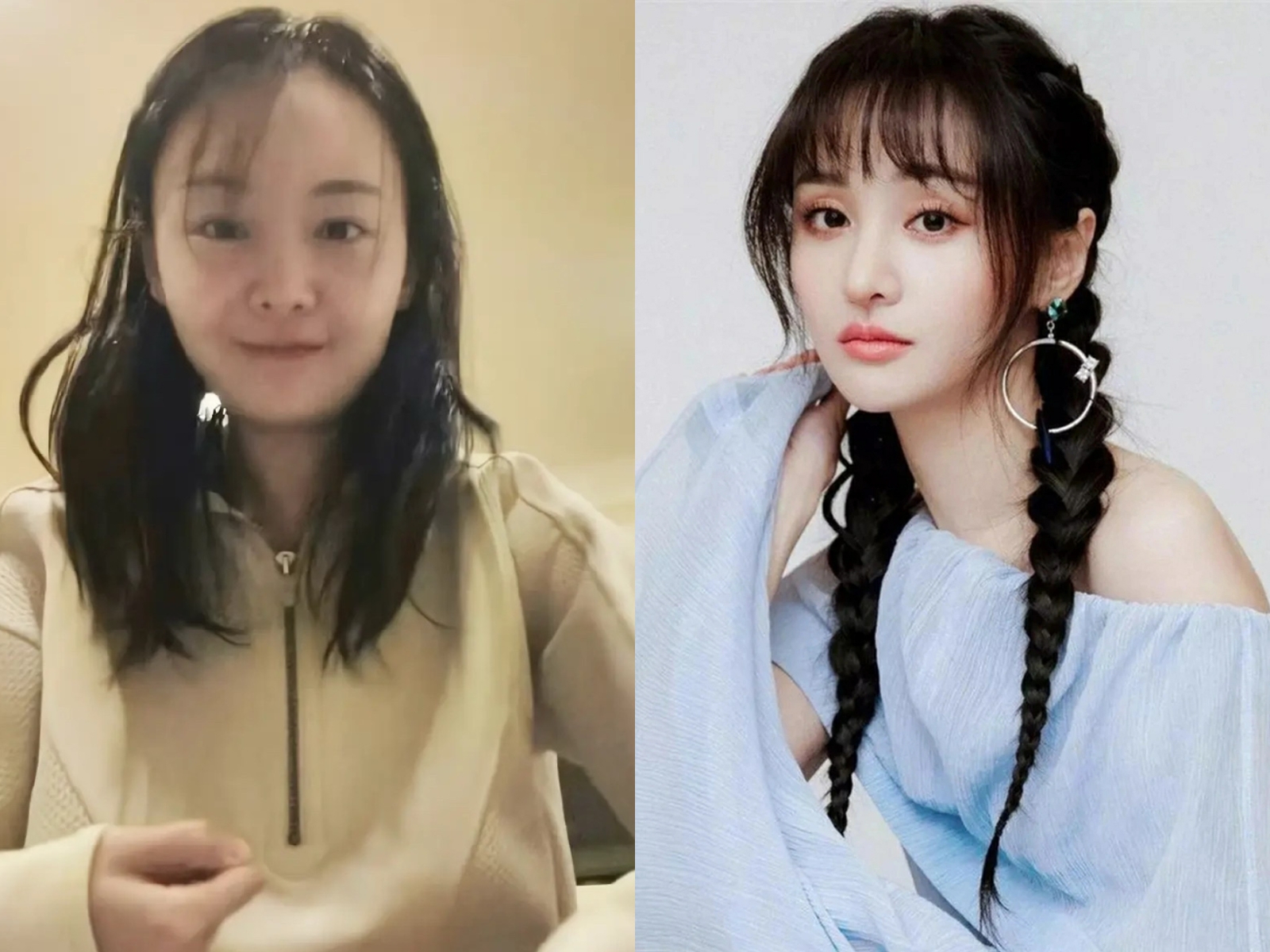 Trịnh Sảng xuất hiện với diện mạo kém lung linh hơn hẳn so với thời còn hoạt động và tỏa sáng ở showbiz (ảnh phải). Ảnh: Sohu