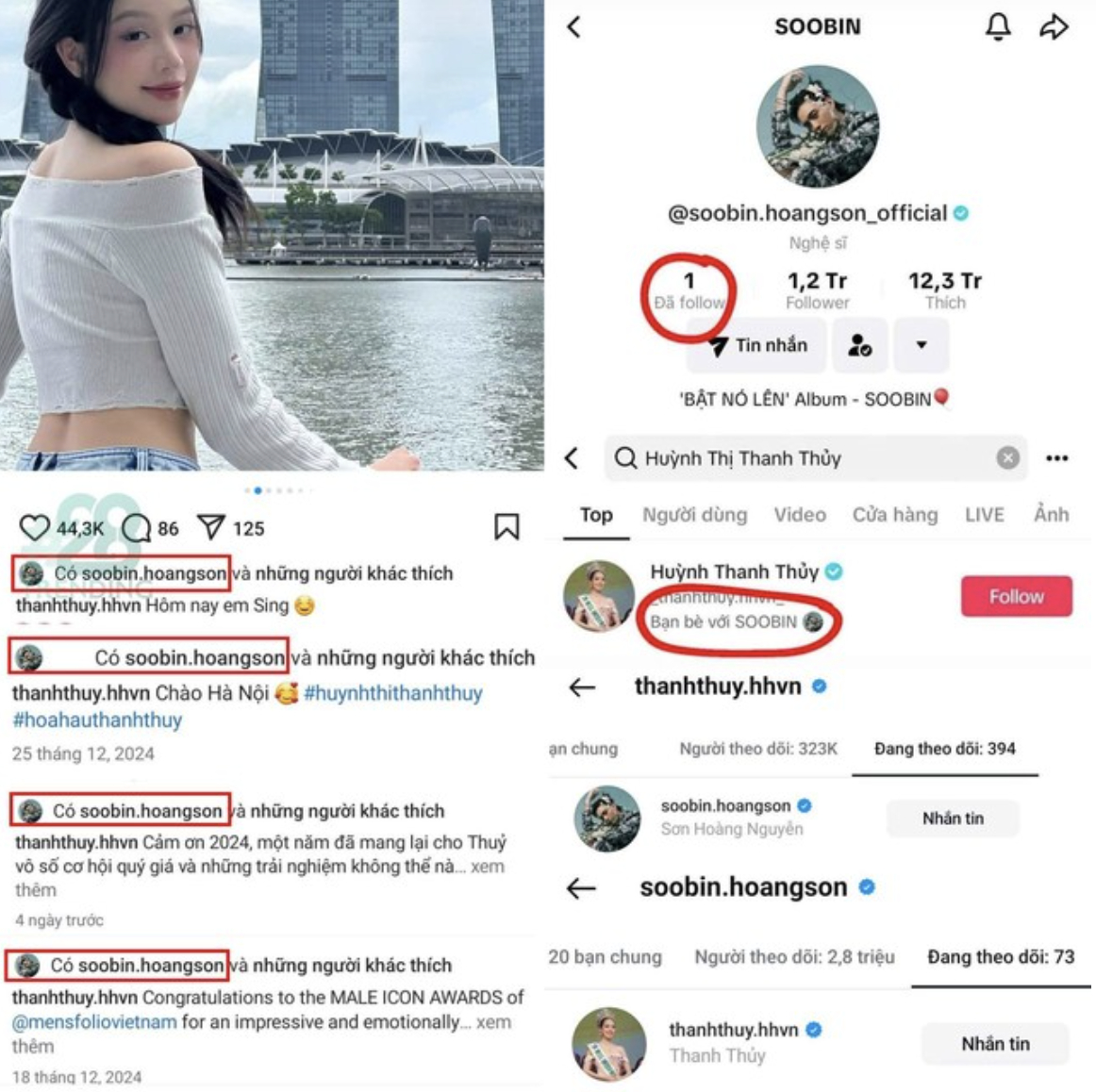 SOOBIN follow một mình Thanh Thuỷ và tích cực tương tác các bài đăng Instagram của nàng hậu