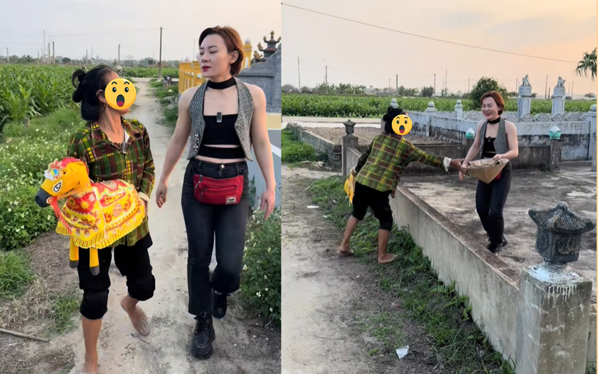 Cô gái nhập vai khách Hàn nhờ người dân dẫn đi tham quan nghĩa trang.