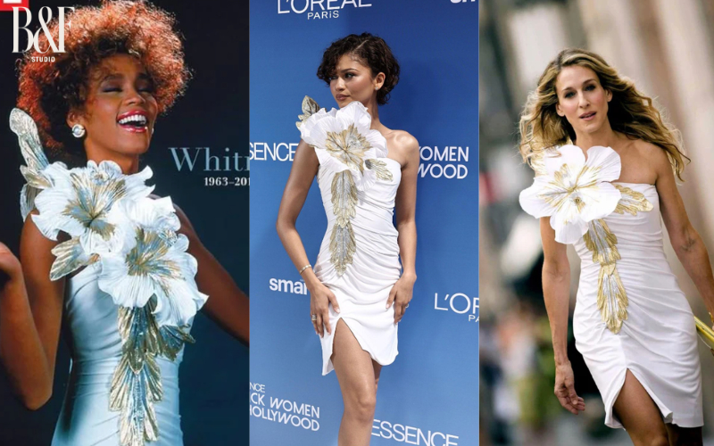 Màn đụng hàng có tính toán của Zendaya (giữa) với cố danh ca Whitney Houston (trái) và Carrie Bradshaw (phải).
