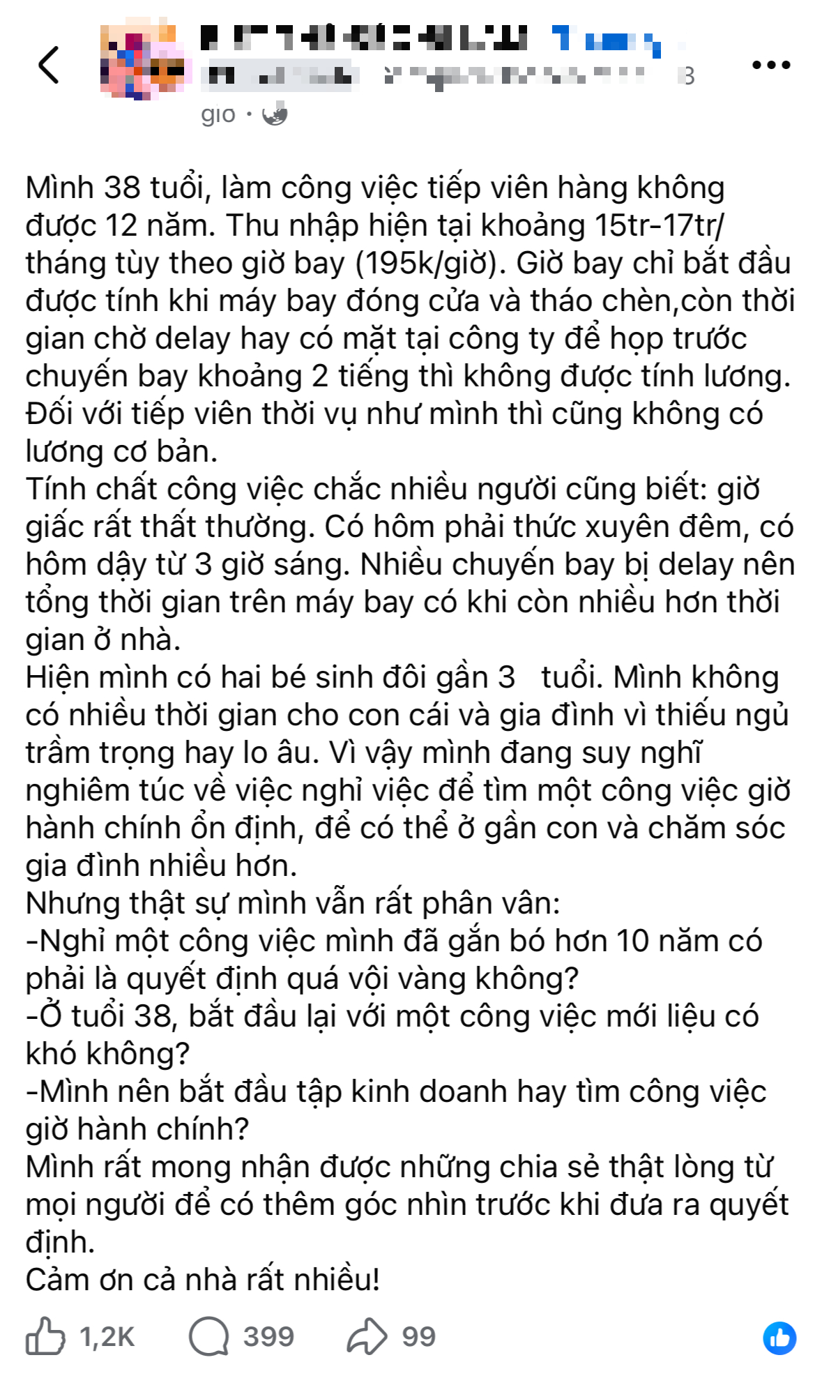 Bài đăng của nữ tiếp viên hàng không trên Facebook. 