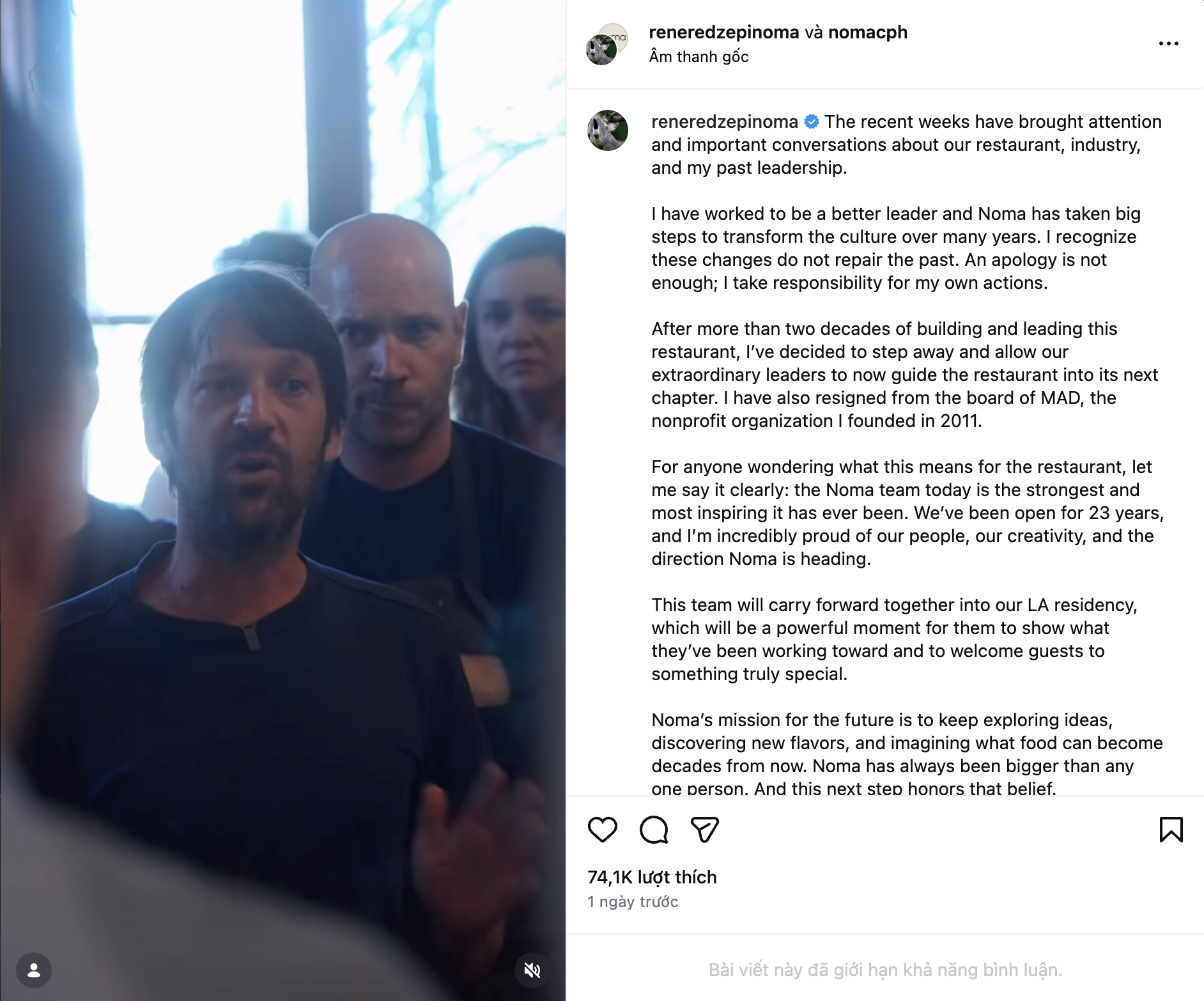 Mới đây, René Redzepi đã chính thức thông báo từ chức và rời khỏi vị trí điều hành. (Ảnh chụp màn hình)