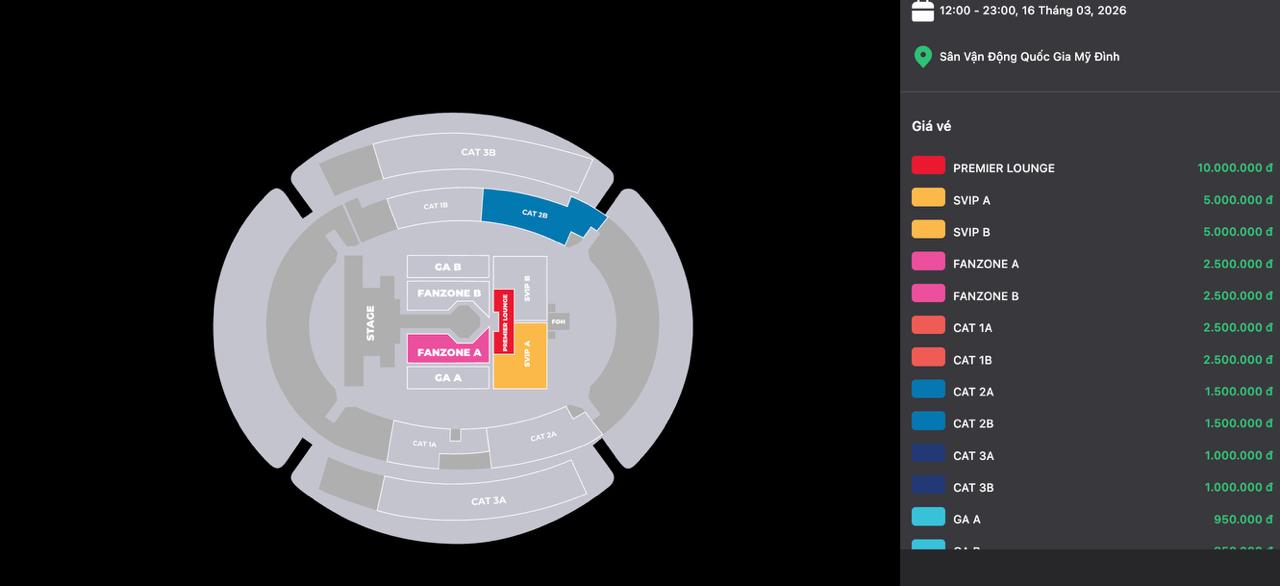 Bốn khu vực vẫn còn vé gồm CAT 2B, FANZONE A, SVIP A và PREMIUM LOUNGE (Ảnh: Kênh bán vé chính thức)