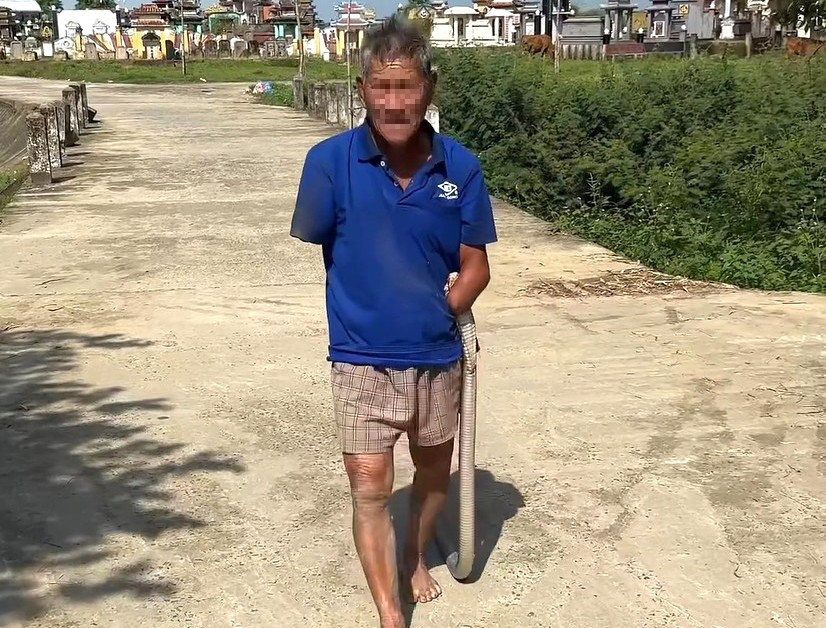 Hình ảnh người đàn ông mang theo con rắn hổ mang đi trên đường khiến nhiều người hú vía