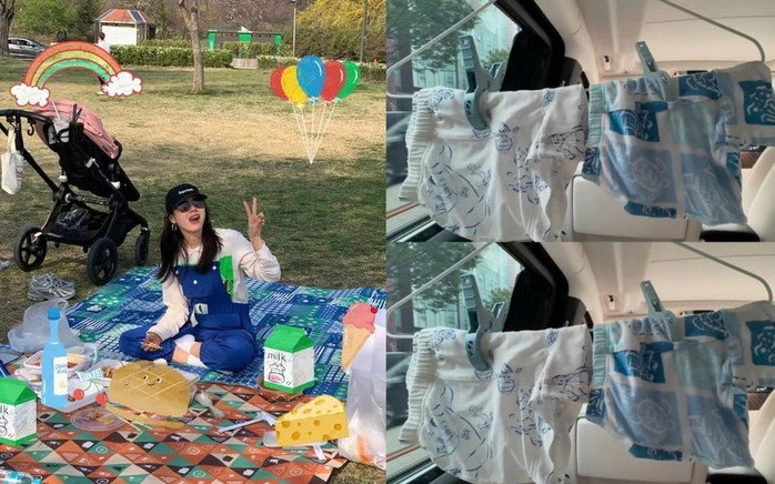 Chiếc siêu xe tiền tỷ của Hyun Bin thành nơi... phơi quần cho con. Ảnh: Instagram