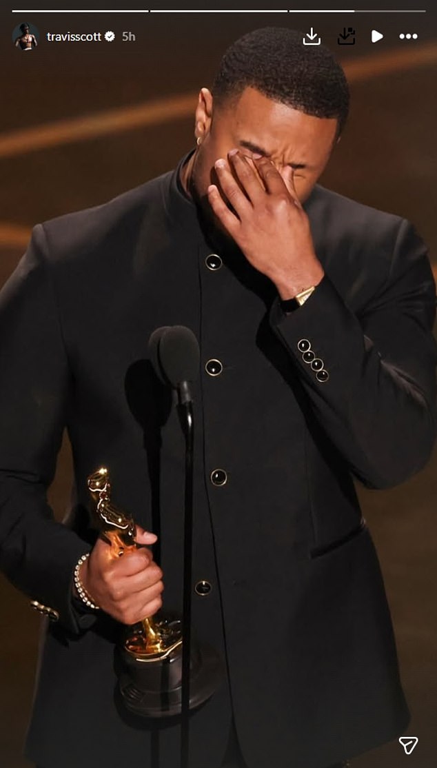 Travis Scott đăng ảnh chúc mừng Michael B. Jordan - người vượt mặt Timothée Chalamet. Ảnh: Instagram