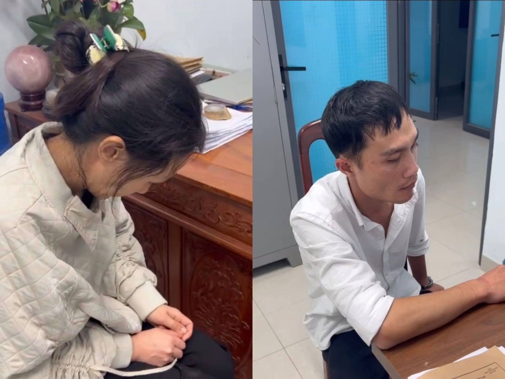 Lâm và Tuyết tại cơ quan công an. Ảnh: Công an cung cấp 100 gam. Ảnh: Công an xã Ninh Gia