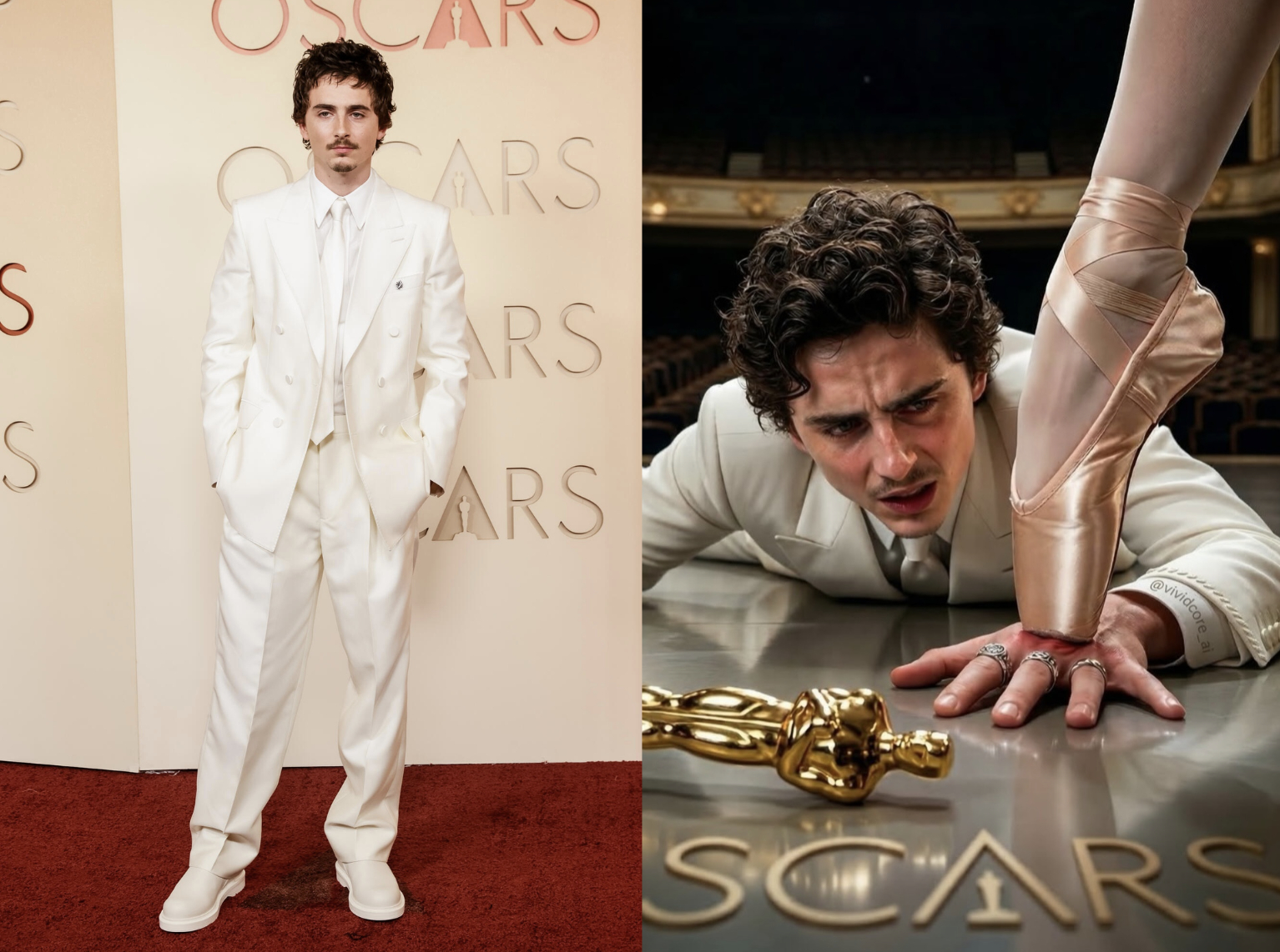 Lên đồ rất bảnh cùng một bộ suit Givenchy, điều Timothée không ngờ chính là diện mạo này sẽ trở thành ảnh chế của anh (Ảnh WWD, @mithaiikidukan).