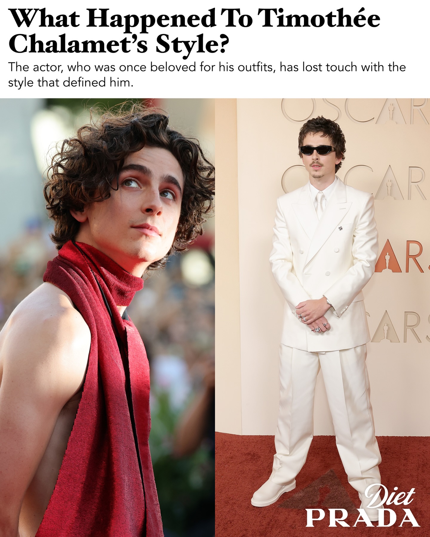 Ồn ào lớn của Timothée Chalamet ở Oscar năm nay khiến giới mộ điệu thời trang cũng phải lên tiếng (Ảnh Diet Prada).