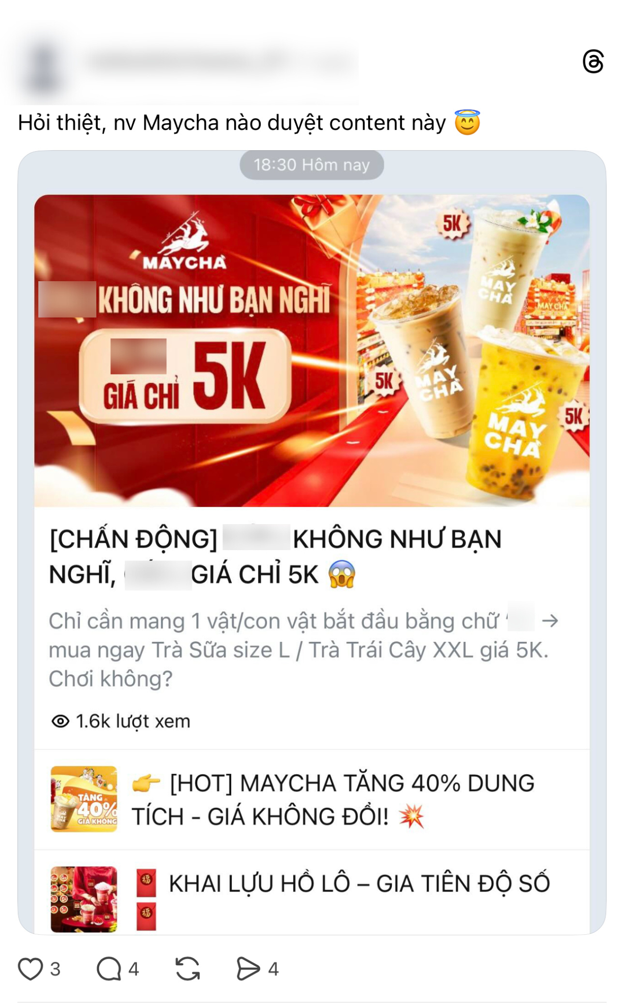 Quảng cáo trà sữa trên Zalo nhưng chơi chữ phản cảm, MayCha nói gì?