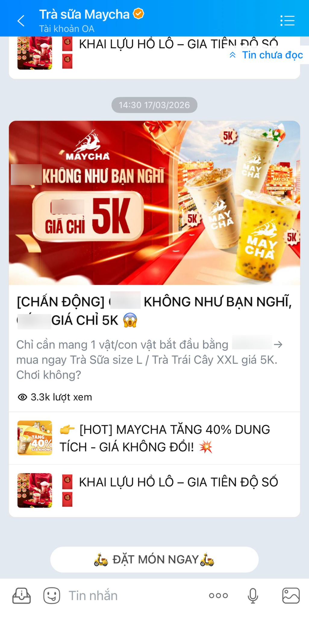 Chương trình khuyến mãi của MayCha trên Zalo. (Ảnh chụp màn hình)