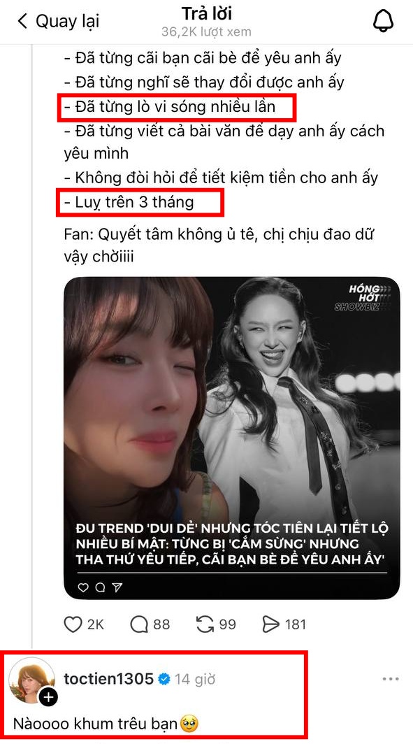 Tóc Tiên không nêu đích danh bất kì ai mà chỉ phản ứng vui vẻ khi tự khui những bí mật trong tình yêu (Ảnh: Threads)