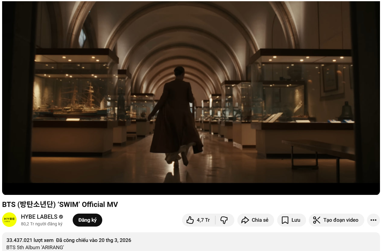 MV SWIM đạt hơn 33 triệu lượt xem trong vòng 24 giờ đầu tiên (Ảnh cap màn hình)